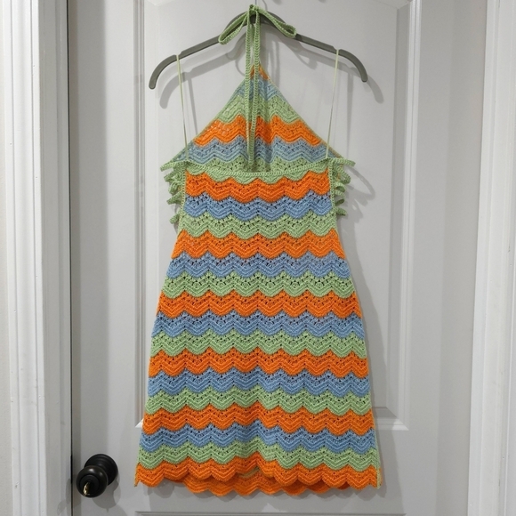 ZARA Colorful Cut Out Scalloped Stripe Crochet Mini Halter Dress, Sheer, M - Picture 11 of 16